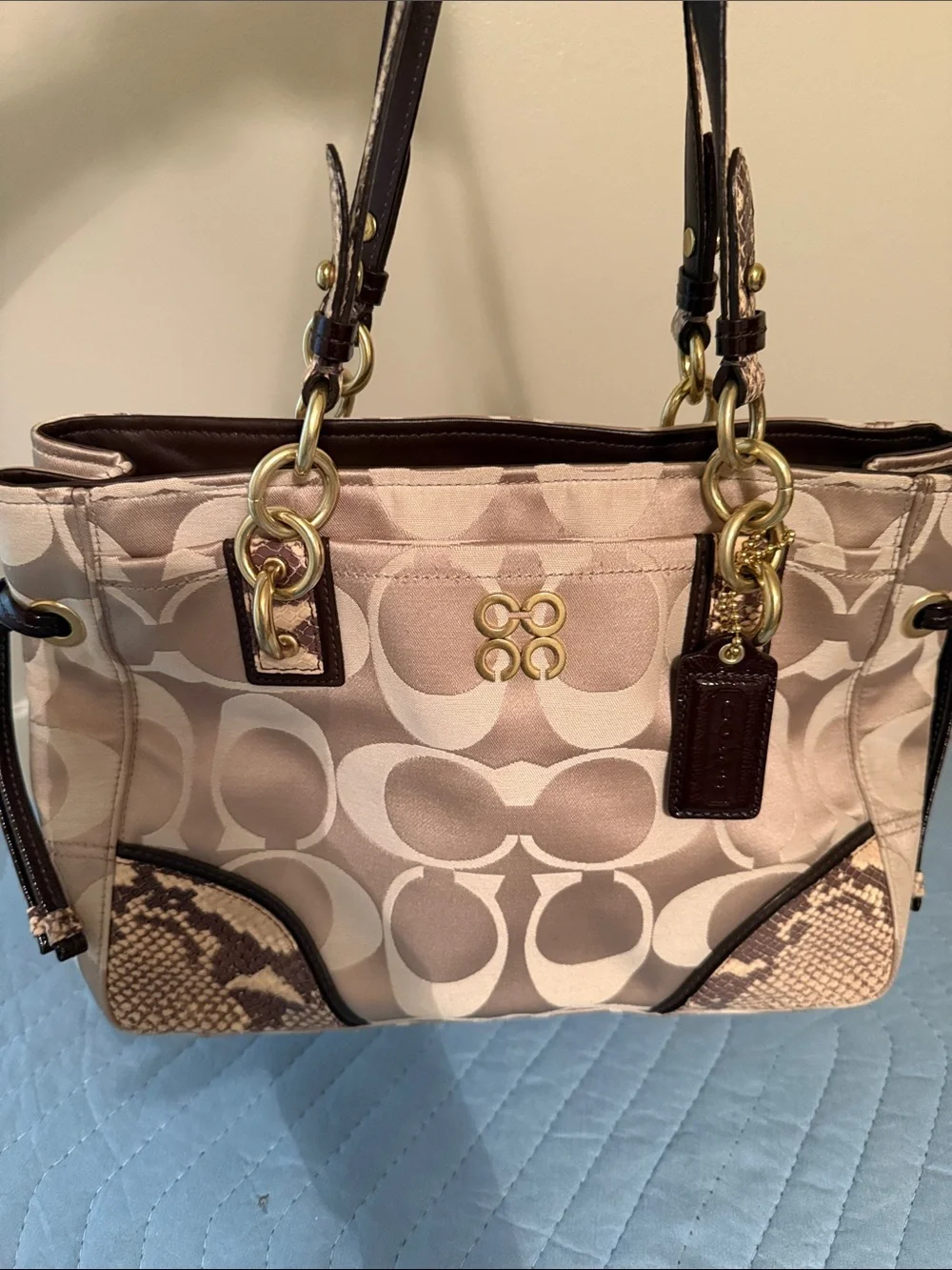 Coach Beige Signature Canvas Shoulder Tote with Dark Brown Trim